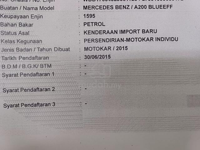 2015 Mercedes Benz A200 BlueEFCY 1.6 (A) NO.8088 - 2
