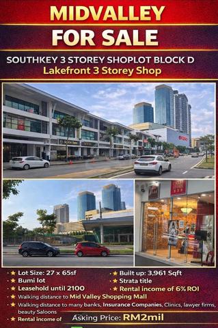 Mid valley  Johor Bahru Southkey 3 Storey Shoplot Block D 6% ROI 1