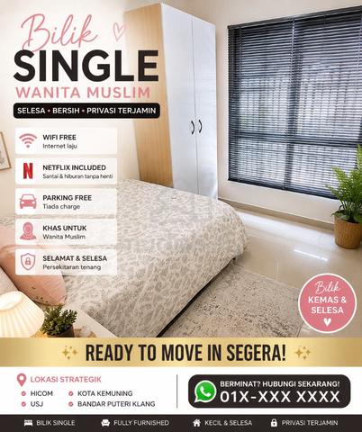 Bilik Single Wanita Muslim Ready to Move In Segera Kota Kemuni 1