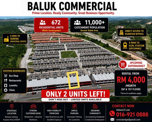 Double Storey Shoplot For Rent @ Baluk Commercial, Balok 1