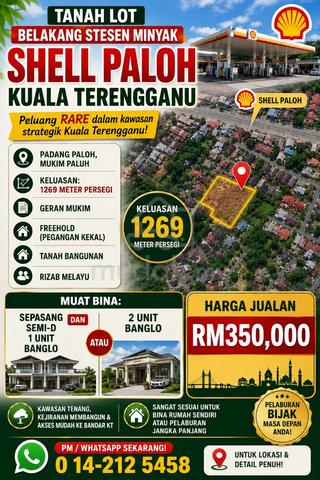 Tanah LOT BANGLO LUAS 1269MP BELAKANG SHELL PALOH, KUALA TERENGGANU 1