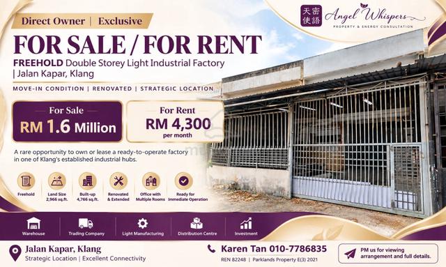 Double Storey Light Industrial Factory For Sale @ Off Jalan Kapar 1