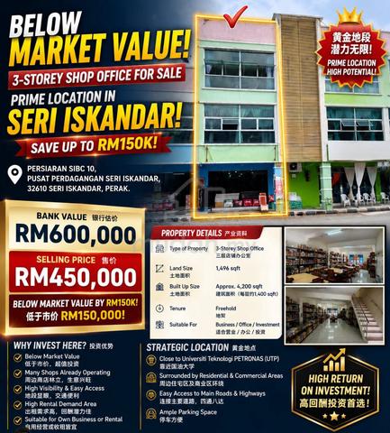 BELOW MARKET VALUE 150k! 3-Storey Shop Office For Sale @ Seri Iskandar 1