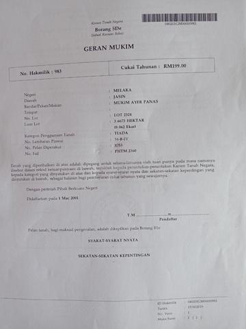 Selling 7 acres of land LOT2324 , JASIN 1