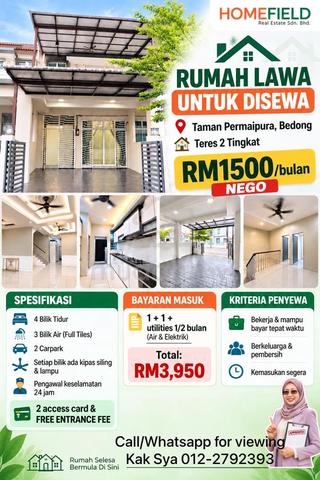 RUMAH TERES 2 TINGKAT UNTUK DISEWA Taman Permaipura, Bedong 🏠 T 1