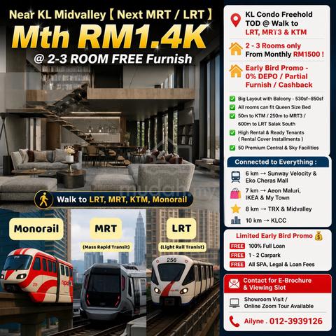 Direct TBS & Midvalley Mall【 Beside KL MRT/LRT 】Mth 1.4k FREE Furnish 1