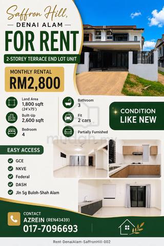Saffron Hill, Denai Alam For Rent - End Lot. Partially Furnished 1