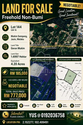 Freehold Non-Bumi Land 4.2 Acres, Sempang Jasin, Melaka 1
