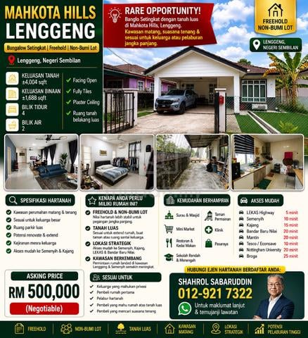 Mahkota Hills|Lenggeng|Single Storey Bungalow|Freehold, Non-Bumi Lot 1