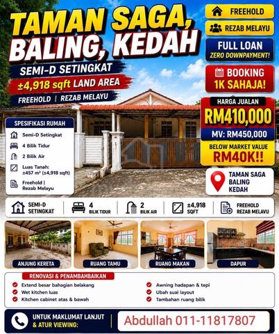 CASHBACK 70K🔥LUAS 4918 SQFT‼️SEMI D Setingkat, Taman Saga, Baling 1