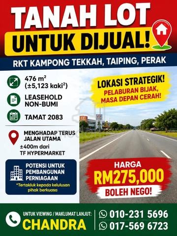 Tanah lot bersebelahan Jalan Raya Utama di Kampong Tekkah, Taiping 1