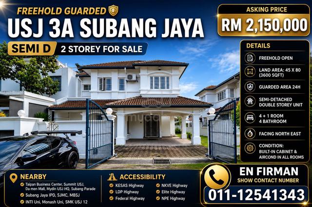 FREEHOLD GUARDED 💥 USJ 3A Subang Jaya SEMI D 2 Storey 1