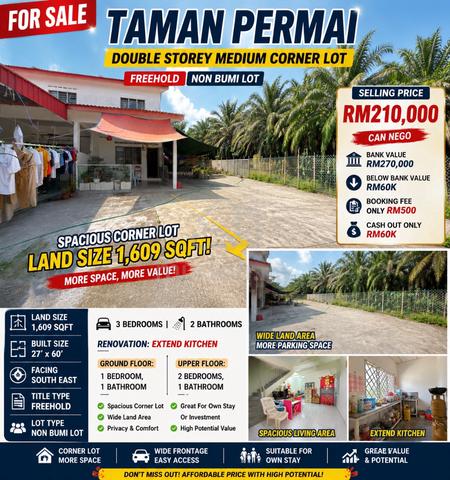 60k cash out/Corner 2 storey low cost/Taman Permai 1