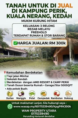 Tanah dan Rumah Kampung untuk dijual di Perik,Geran individu 1