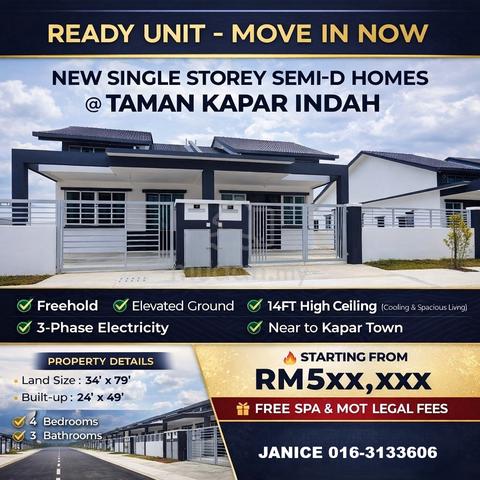 Loan From 555K, New Single Storey Semi-D, Taman Kapar Indah, Klang 1