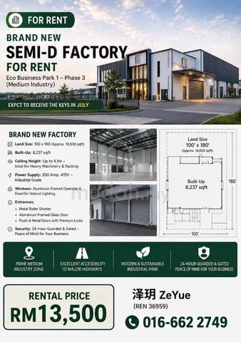 BRAND NEW SEMI-D FACTORY  Eco Business Park 1 – Phase 3 (Medium Indust 1