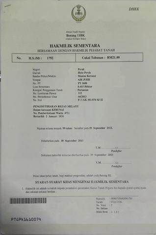 Perak Gerik Agricultural Leasehold Land For Sale 1