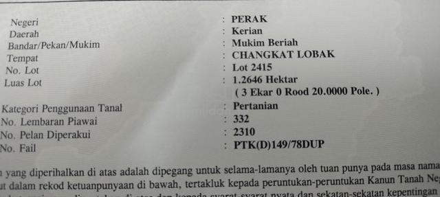 Tanah Sawit Untuk Dijual Di Jalan Utama Changkat Lobak, Mukim Beriah, 1