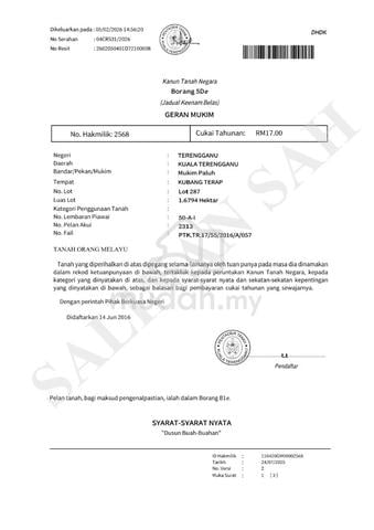 Tanah untuk dijual di Lot 287, Kubang Terap, Mukim Paluh, K Terengganu 1