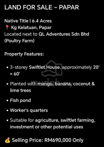 Papar NT 6.4 Acres Tanah Kebun dan Burung Walit 1