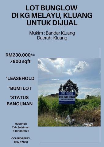 Lot Bunglow Kg Melayu, Kluang for sale 1