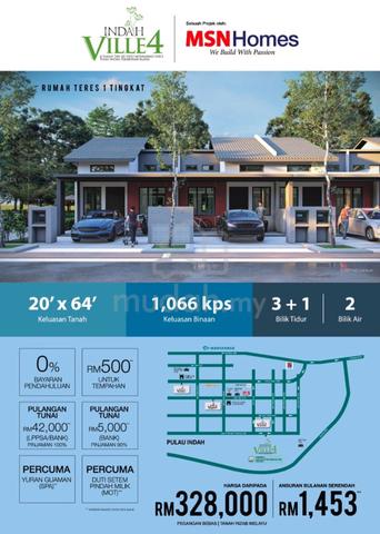 1 storey terrace@Pulau Indah,3R2B,1280kps, 0 deposit,cash back 1