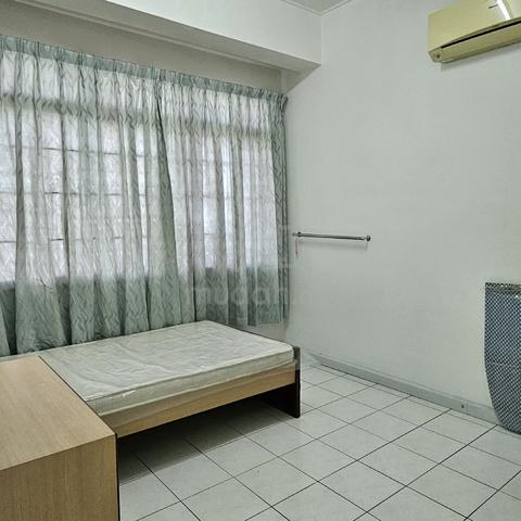 With bed, mattress, table, chair, iron board. Aircond and fan. 1