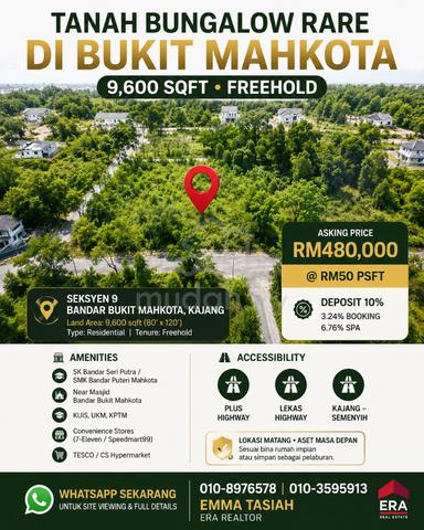FREEHOLD Bungalow Lot 9600sqt Bandar Bukit Mahkota, Seksyen 9, Kajang 1