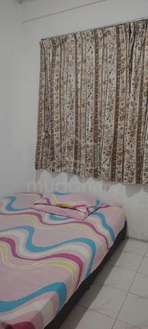A queen bed with mattress, ceiling fan,  dressing table andd wardrobe. 1