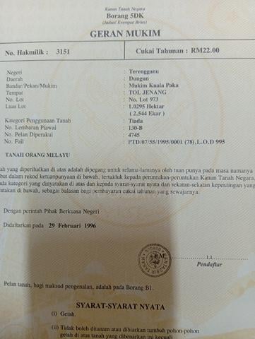 Tanah Pertanian 2.5 ekar di Paka 1