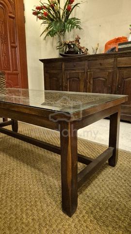 Wooden Coffee Table with Glass Top & Woven Rattan  - photo 2 of 6