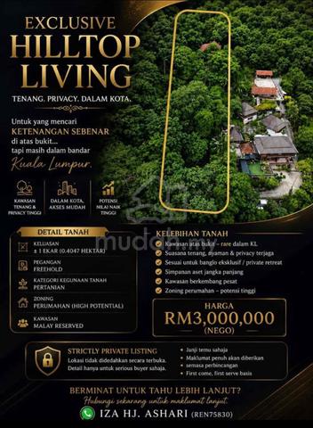Tanah 1 EKAR FREEHOLD Atas Bukit Dalam KL | RARE HILLTOP LAND 1