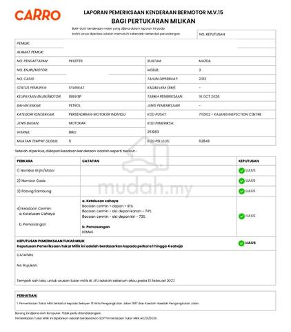 2012 Mazda 3 2.0 SEDAN (A) ORI 116K KM NEWPAINT - 2