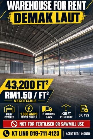 43200 fully covered warehouse at demat laut for rent 1