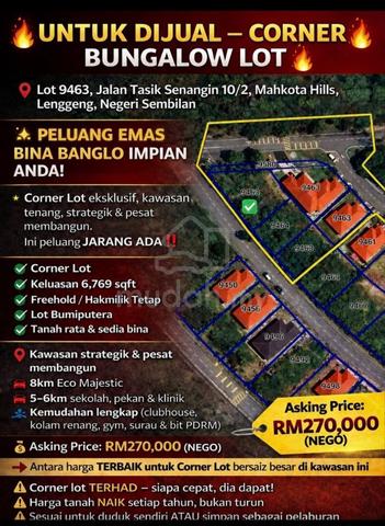 Corner Bungalow Lot 6790sqft Untuk Dijual – Mahkota Hills, Lenggeng 1