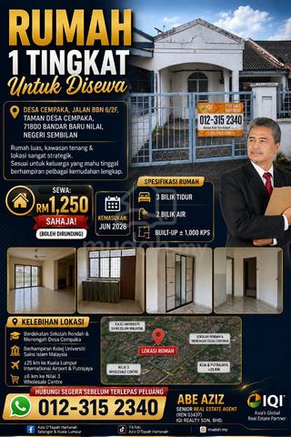 Rumah Untuk disewa Desa Cempaka , Jalan BBN 6/2F,Nilai, N9 1