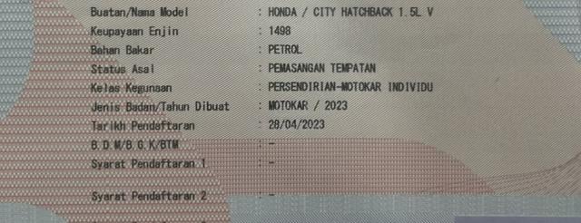 2023 Honda CITY 1.5 V HATCHBACK (A) SERVICE HONDA - 2