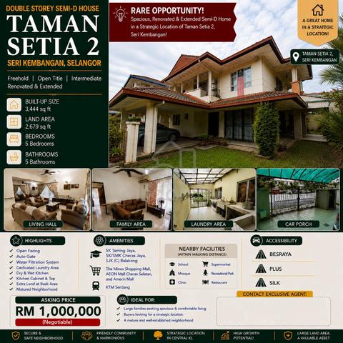 Taman Setia 2|Seri Kembangan|Semi-D Double Storey|Freehold, Open|Rare 1