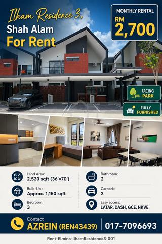 Ilham Residence 3, Shah Alam For Rent - Fully Furnished. Facing Park 1