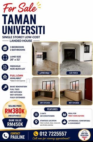 FullLoan Low Cost 1-Storey Terrace House@Tmn University Good condition 1