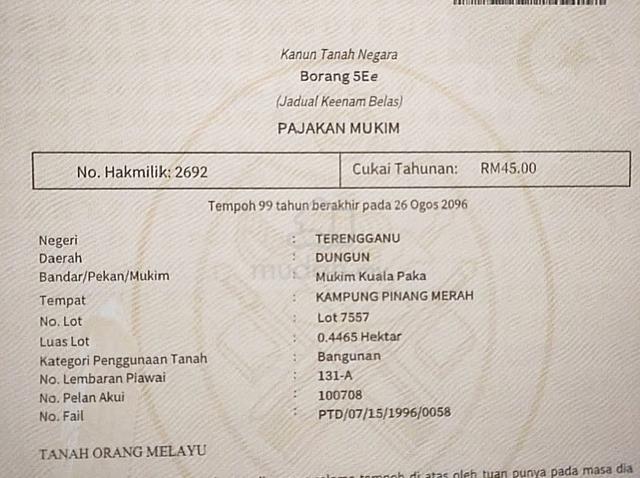 Tanah 1.10 Ekar Status Bangunan Pinang Merah Paka 1