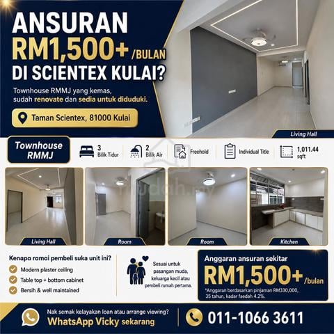 Taman Scientex Kulai Townhouse RMMJ Freehold Full Loan Near Lotus Reno 1