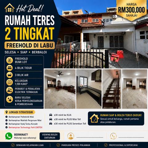 Labu, Negeri Sembilan | Teres 2 Tingkat | Freehold. Bumi. Furnished 1