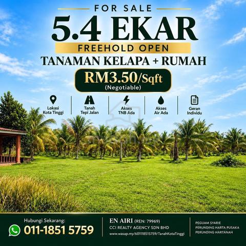5.4 Ekar FREEHOLD OPEN Tanaman Kelapa & Rumah | Kota Tinggi |Tepi Jln 1