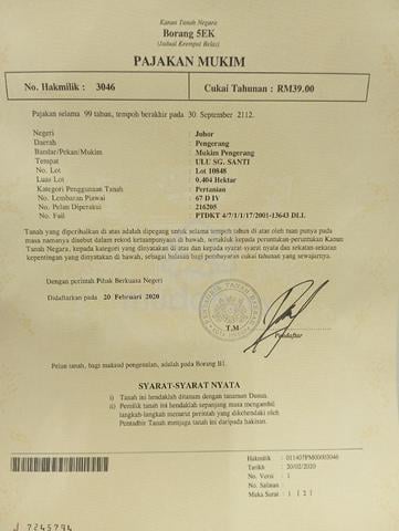 Tanah Untuk Dijual, Ulu Sungai Santi, Mukim Pengerang 1