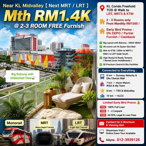 KL Skyview【 Connect LRT/MRT 】1 Stop Midvalley & TBS @ 2-3 ROOM Furnish 1