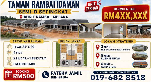 FREEHOLD MCL - RUMAH BERKEMBAR SETINGKAT SEMI-D di BUKIT RAMBAI 1