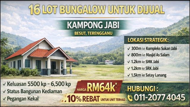 LOT BANGLO PREMIUM UNTUK DIJUAL | Kampung Jabi, Besut, Terengganu 1