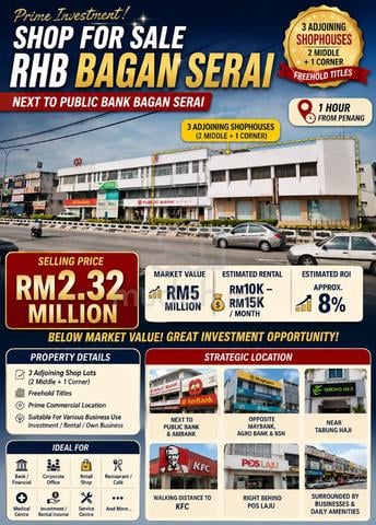 Freehold @ Bagan Serai Town – 3 Adjoining Shop Lots For Sale 1