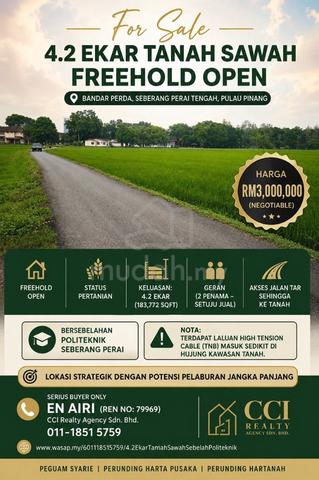 4.2 EKAR TANAH SAWAH FREEHOLD OPEN | Bandar Perda, Seberang Perai 1